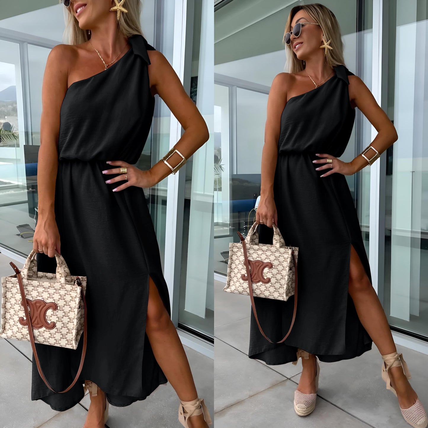 Robe nœud ENORA épaule dénudé , taille élastique , fente