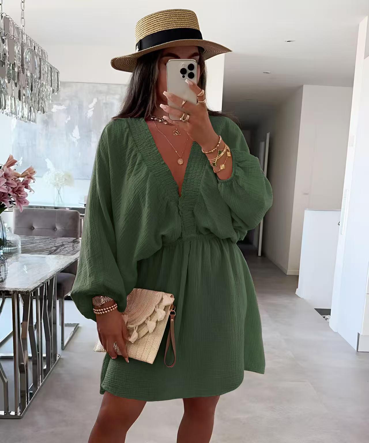 Robe NORA gaze de coton manches bouffantes col V stocké taille élastique
