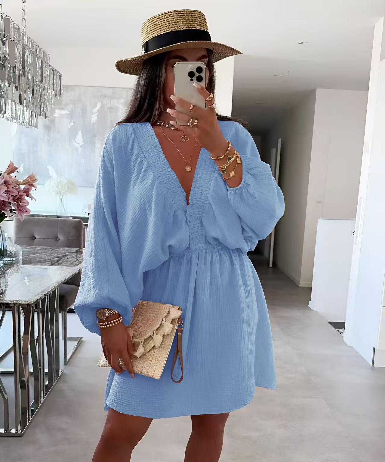 Robe NORA gaze de coton manches bouffantes col V stocké taille élastique