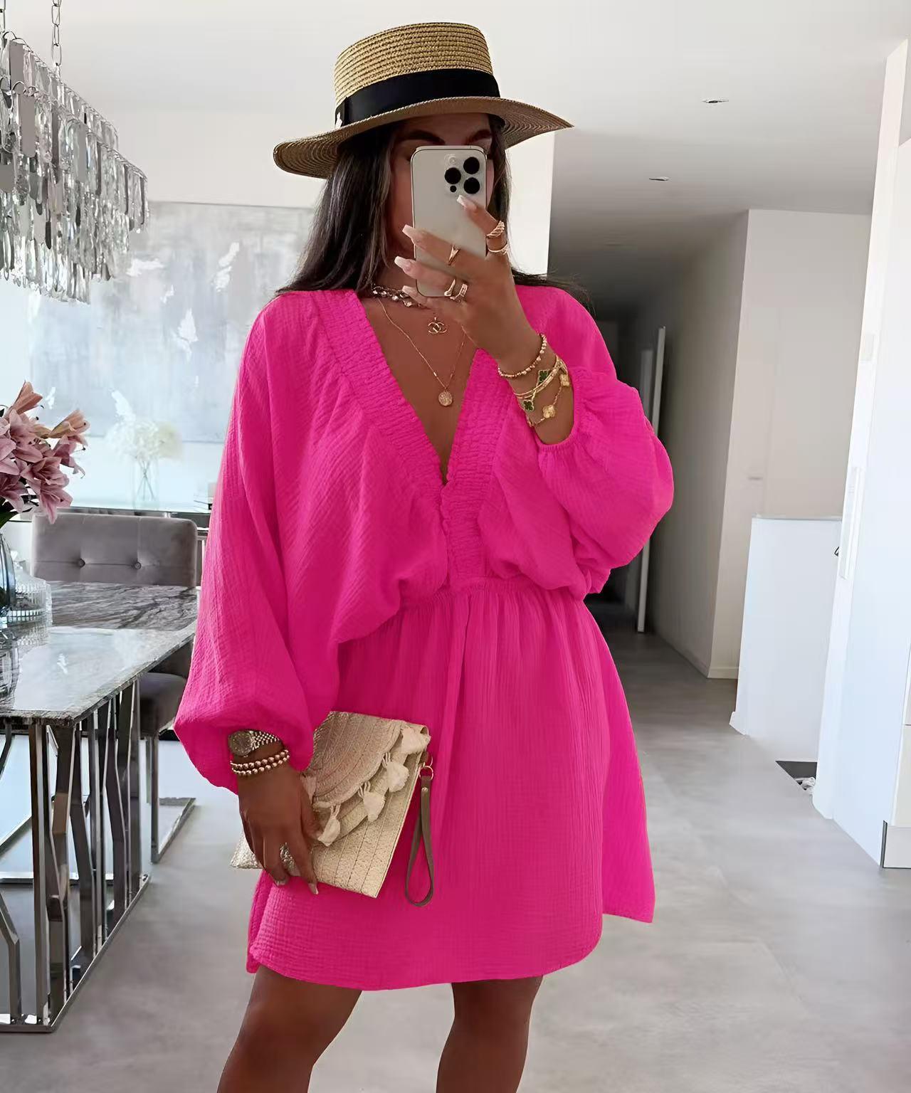 Robe NORA gaze de coton manches bouffantes col V stocké taille élastique