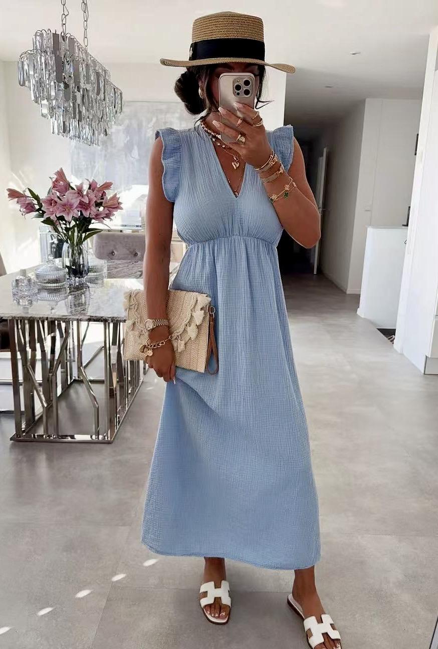 Robe LAYA col V en gaze de coton manches volantes