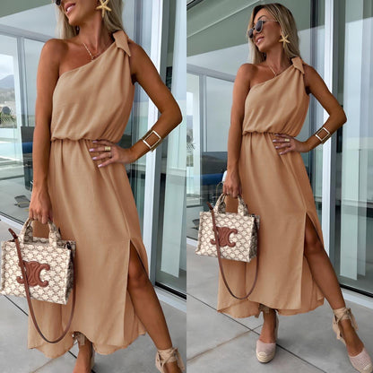 Robe nœud ENORA épaule dénudé , taille élastique , fente